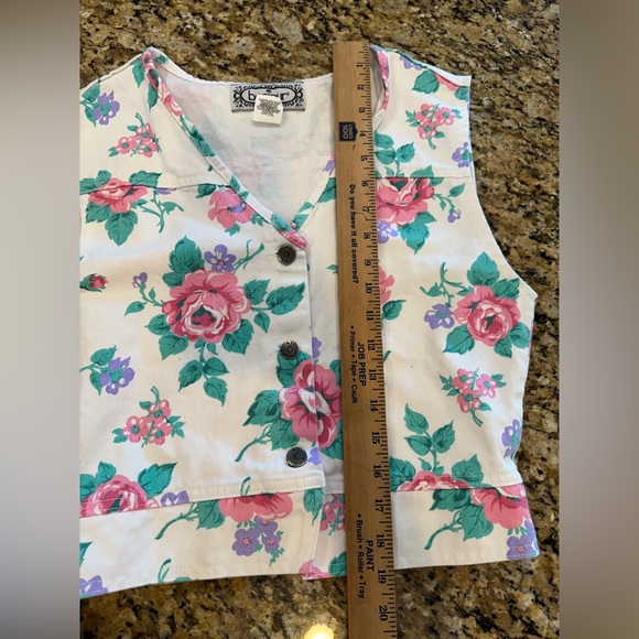 Bonjour Women's Vintage 90s white pink floral cropped boxy vest size small - Picture 4 of 5